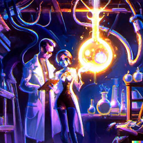 A biopunk futuristic painting of scientists in a futuristic lab experimenting with a strange glowing substance