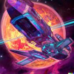A cyberpunk illustration of a fusion-powered spacecraft traveling through space