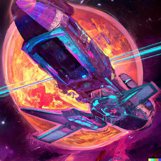 A cyberpunk illustration of a fusion-powered spacecraft traveling through space