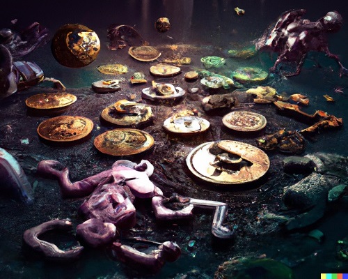 A group of cryptocurrencies are depicted in a chaotic battle for survival