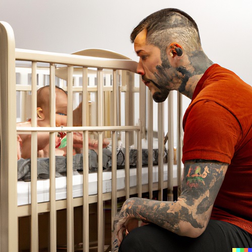 A harrowing gloomy tattooed man looking solemnly at his baby in the crib