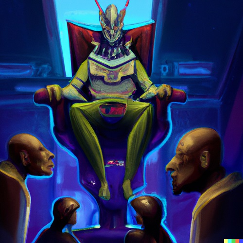 Evil alien gang leader sitting on his throne in his spaceship next to alien gang members