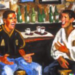 Expressionist oil painting of Leo Messi and Cristiano Ronaldo sitting and talking at a bar