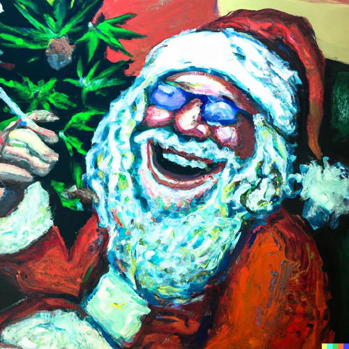 Santa Claus happy, laughing and smoking weed