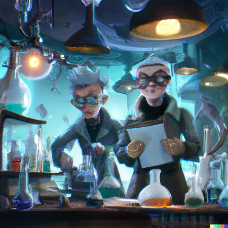 Two mad scientists in a lab trying to find out the secrets of the origin of life