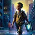a kid happily walking with his glowing artificial intelligence device