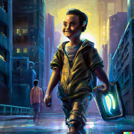a kid happily walking with his glowing artificial intelligence device