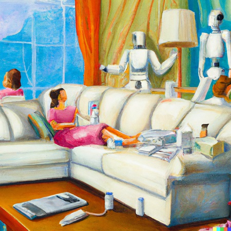a person sits on the sofa while robots around him do all the household chores