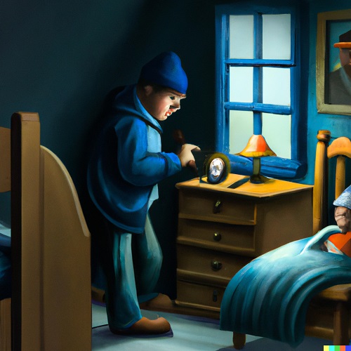 a thief in a kids bedroom stealing something glowing while the kid is asleep