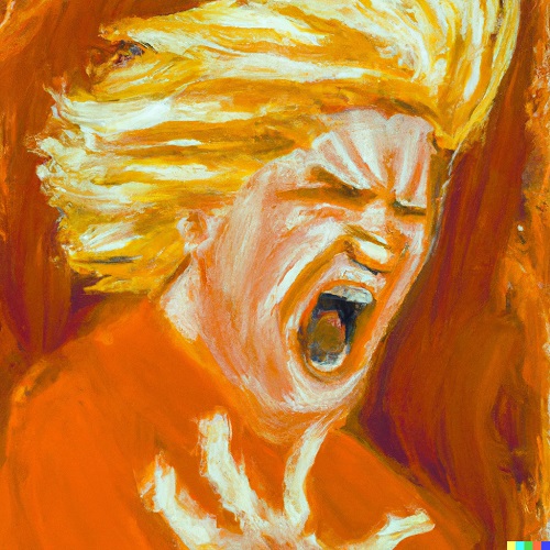 an orange man with blonde hair angry and shouting