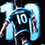cyberpunk painting of an Argentinian football player with the number 10 t-shirt scoring a goal