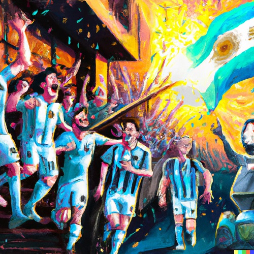 A cyberpunk painting of the Argentian football team winning the World Cup