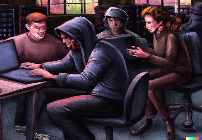 four hackers sit around a table in a dingy warehouse