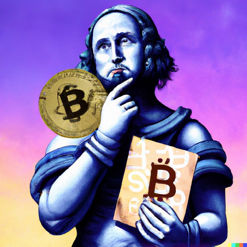 painting of a Shakespearean Bitcoin pondering