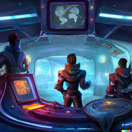 three space pirates in their spaceship's command center