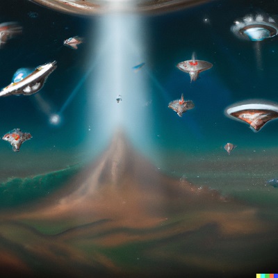 UFOs hovering a mountain