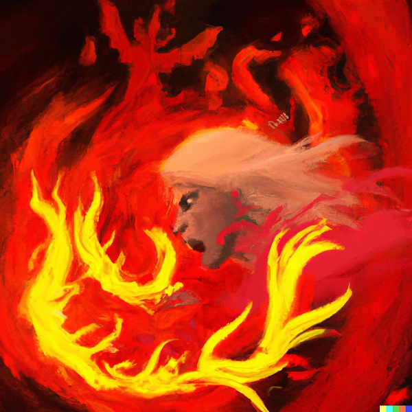 A digital symbolic painting of Daenerys Targaryen's fiery descent into madness