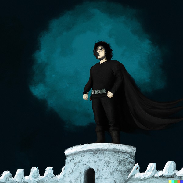 A digital symbolic painting of Jon Snow on top of the wall