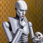 A neoclassical painting of a humanoid robot holding an electronic skull and contemplating life