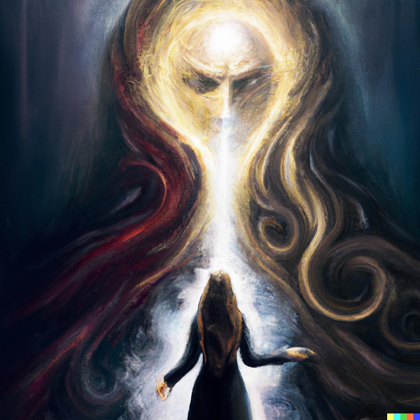 A semi-realistic painting of Dr. Samantha Jameson facing the Dark One, an ancient and powerful entity made entirely of dark matter