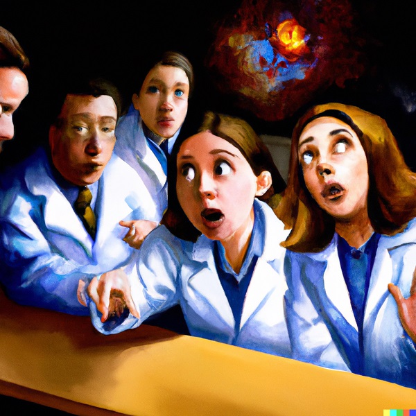A semi-realistic painting of Dr. Samantha telling her colleagues about her discovery and the true nature of dark matter