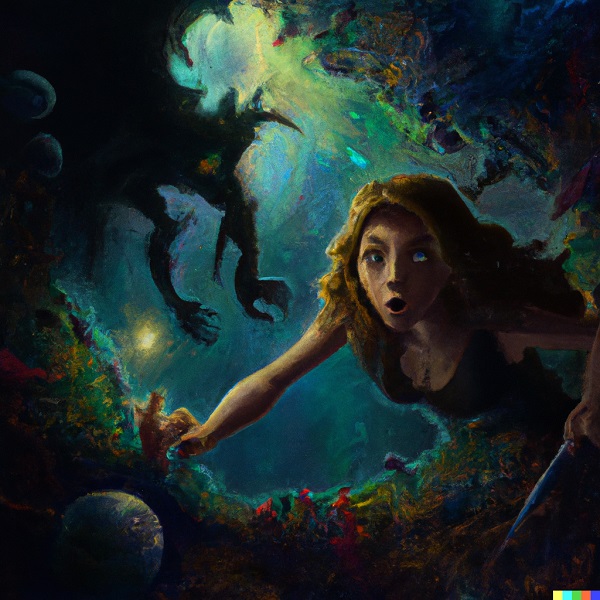 A semi-realistic painting of Dr. Samantha trying to escape the dark matter realm, surrounded by dark matter entities as she fights her way out
