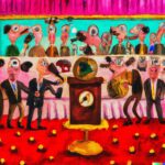 A surreal painting of a televised ceremony in front of a packed hall
