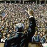 An Expressionist painting of a president speaking to a massive audience in his inauguration