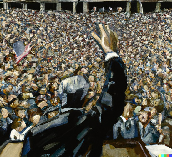An Expressionist painting of a president speaking to a massive audience at his inauguration