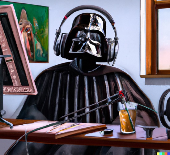 Darth Vader sitting in a podcast studio with headphones on his head