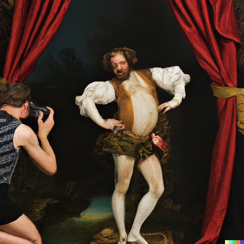 William Shakespeare being photographed as a swimsuit model by a photographer