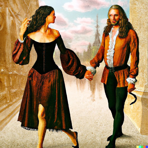 William Shakespeare walks hand-in-hand in the street with Caitlyn Jenner