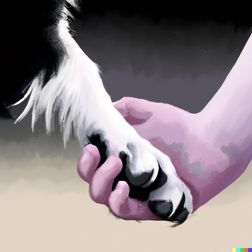 a digital painting of a baby's hand gently grasping a Border collie's leg