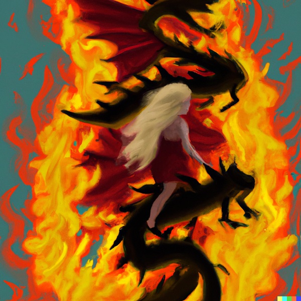a painting of Daenerys Targaryen on her spitting-fire dragons