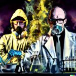 A morbid painting of Walter White and Jesse Pinkman in a Fleetwood Bounder lab, surrounded by chemicals and equipment, cooking a batch of something