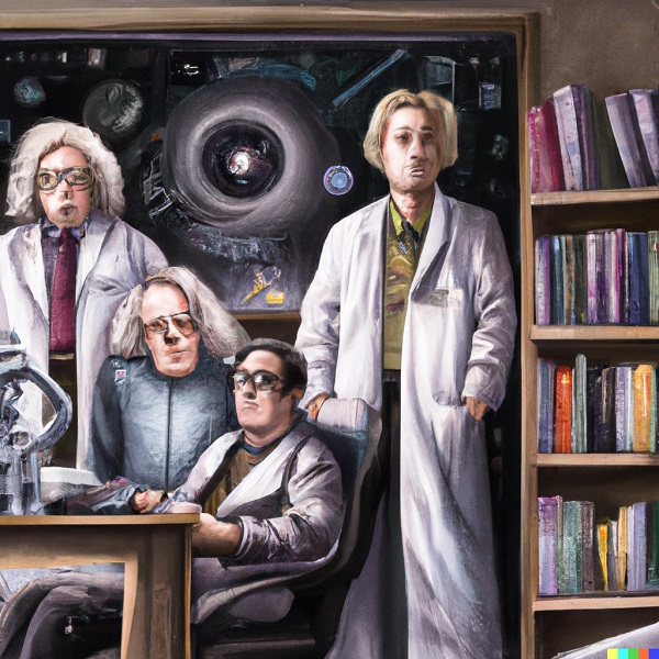 Semi-realistic painting of Albert Einstein, Stephen Hawking, J. Richard Gott, and Kip Thorne exploring the intricacies of time travel