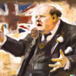 a realistic painting of Winston Churchill giving a speech against Brexit