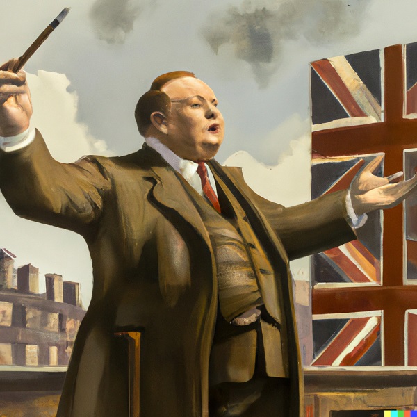 a realistic scene of Churchill giving a passionate speech for Brexit