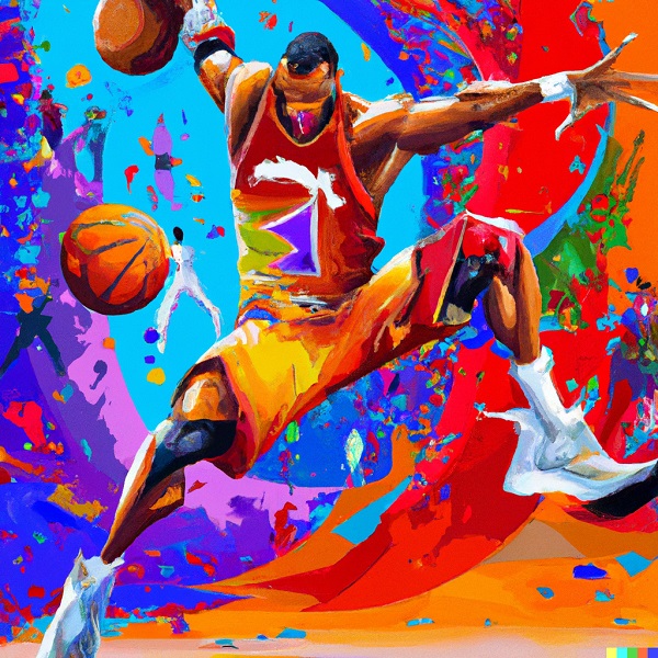 dynamic and energetic abstract expressionist piece showcasing a legendary basketball player in action on the court
