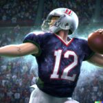 photorealistic painting of a football player in the uniform of the New England Patriots with number 12