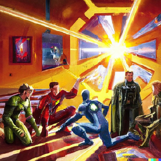 Art Deco style painting of the Avengers gathered in their headquarters