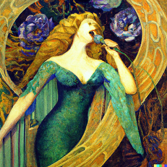 Art Nouveau-style painting of a blonde singing about the history of democracy
