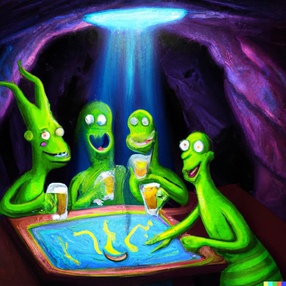 Cartoonish painting of four aliens in a glowing cave bar sipping green frothy drinks