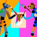 Pop Art-style painting of two AI robots in the middle of an intense artistic battle